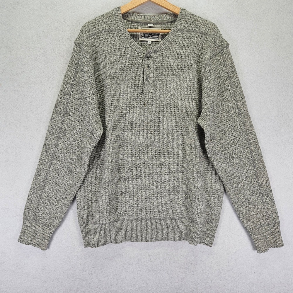 Schott Bros Henley Sweater Mens XL Grey Wool Blend Waffle Knit Heritage Pullover